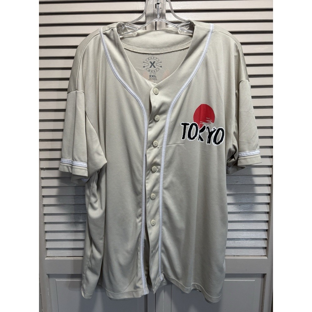 Eastโ West Button Up Graphic Short Sleeve Shirt Size 2XL Tan/Red Tokyo
